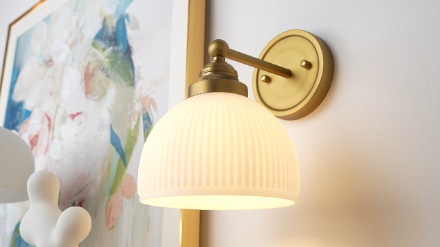 Image of Vintage Wall Sconce 1-Light with White Striped Glass Globe Shade, Indoor Wall Mounted Lamp Fixture for Living Room Bedroom Kitchen Hallway