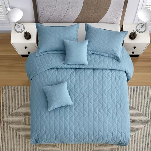 Image of Oversized King Bedspread 128x120 Extra Wide, Geometric Diamond Stitched Quilt Set King /Cal King, Lightweight Reversible Coverlet, Straight Edge - Fresh Modern Look, 5 Piece, Ashley Blue