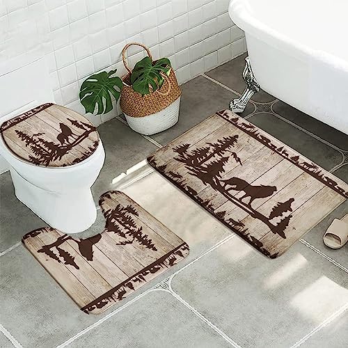 3pcs Rustic Wood Wolf Bathroom Sets with Non-Slip Rug,Toilet Lid Cover and Bath Mat,Forest Wild Animal Bear Deer Woodland Silhouette on Barn Wooden Board Cabin Bathroom Carpet Bath Mat Toilet Rugs