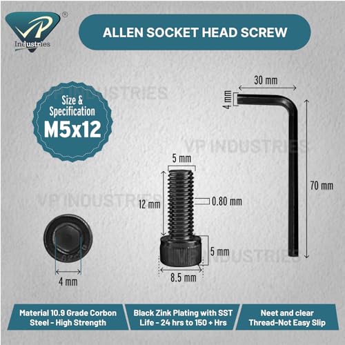 Image of Rely⇒VP INDUSTRIES (Pcs-25) M5 X 12 mm Socket Head Cap Head Cap Screw Allen Bolt High Tensile 10.9 Grad| Allen Socket Head Cap Screw with Allen Key 1 Pc | Allen Socket Head Screw Alloy Steel Black