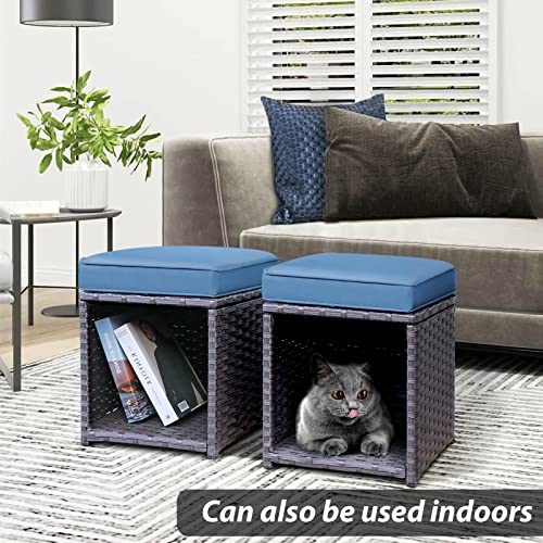 Joivi 2 Pieces Outdoor Patio Ottoman, All Weather Rattan Wicker Ottoman Set, Outdoor Footstool Footrest Seat With Removable Cushions Storage Space, Aegean Blue #TOP1