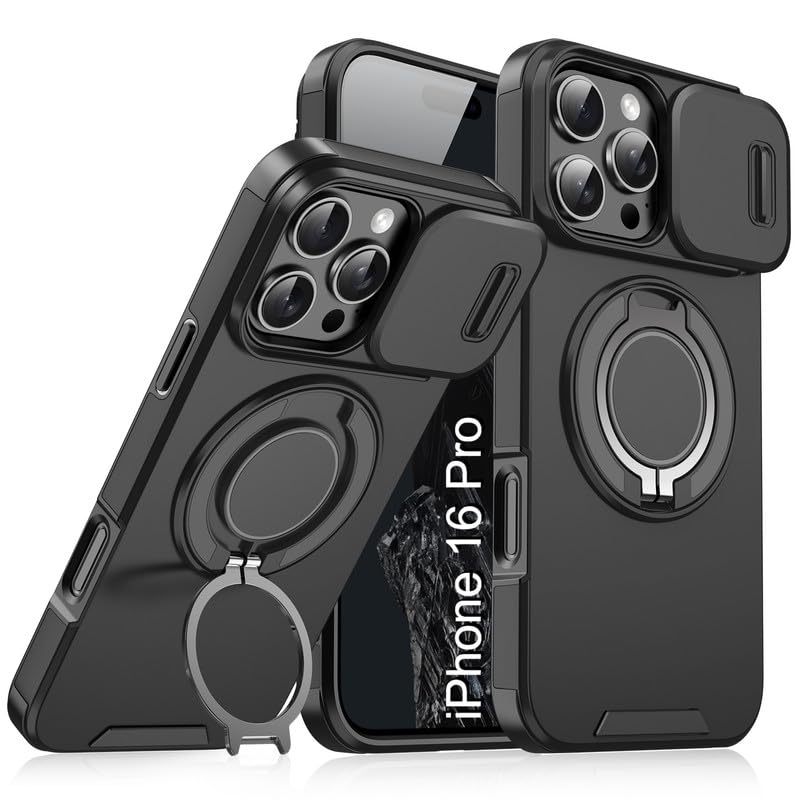 Image of LuxuryKase Shockproof Rugged Case for iPhone 16 Pro | Slide Camera Cover | 360 Rotating Ring Kickstand | Military-Grade Protection - Matte Black