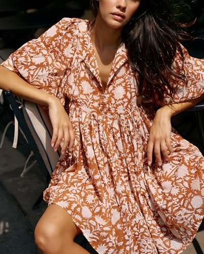 Image of Boho Dresses for Women Floral V Neck Puff SLVS Babydoll Short Beach Dress