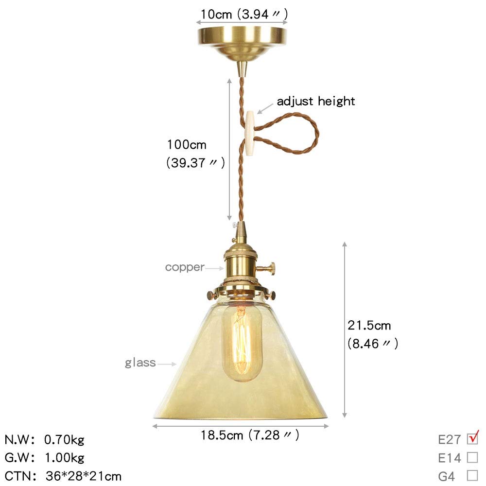 Lot de 2 Luminaires Suspendus | Abat-Jour En Verre Entonnoir | Finition Laiton | Suspensions À Base Moyenne | E27 Max. 60 Watts | Ampoules Non Incluses Durable (Col/Ambre