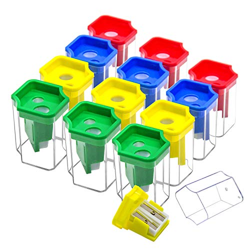 12 Pccks Double Holes Manual Pencil Sharpener-Handheld Plastic Crayon Sharpener with Receptacle for Regular or Oversize Pencil &Crayons