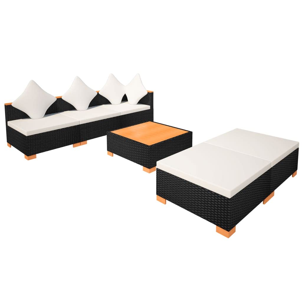 Ensemble Salon de Jardin 6 Pieces canape rotin résine tressée Noir Coussins Blanc Creme mobilier Exterieur avec Table Basse WPC modulable Jardin terrasse
