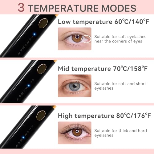 Vznffur Heated Eyelash Curler, 10s Fast Heating 3 Temp Settings, Eye Lash Curler Heat with with 3 Kind of Detachable Brush Head Covers, No Lashes Damage, Natural Curling 24H for Women - Black — view 4