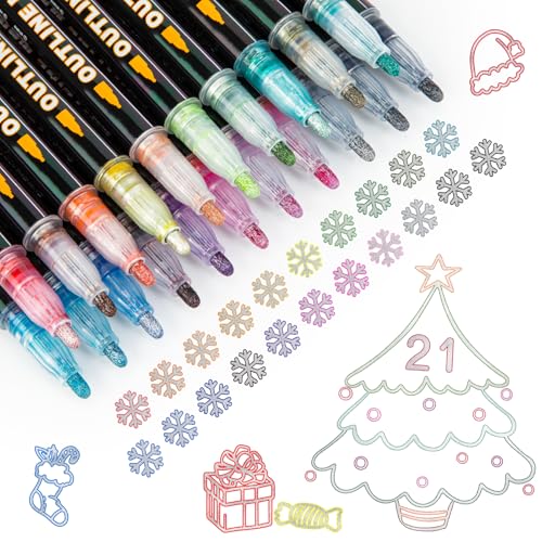 ANYUKE Feutres Paillettes Stylos Contour 21 Couleurs Stylo Double Ligne Paillettes pour Enveloppe Noel Carte Voeux, Christmas Cards,Dessin, Scrapbooking, DIY Art Crafts,Idee Cadeau Ado Fille