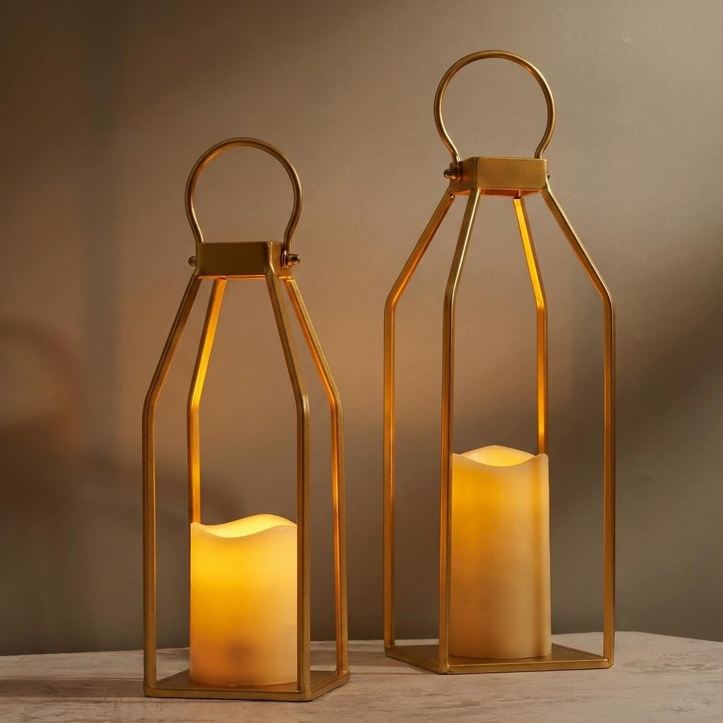 Perfnique Nowoczesna dekoracja latarni wiejskiej, 38 cm, zestaw 2 metalowych lampionów, 2 diody LED, 6 godzin, migoczące świece bezpłomieniowe, lampiony, dekoracyjne do dekoracji na zewnątrz, do domu,