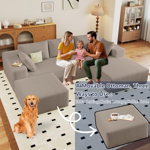 Image of 96 inch Modular Sectional Sofa with Ottoman, Modern Corduroy Cloud Couch with Deep Seat, Boneless Couch Upholstered 3-Seater U-Shaped Sofa for Living Room, No Assembly (Camel, Right-Facing Chaise)