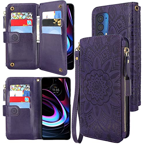 Harryshell [10 Card Slots] with [Block Theft Card Scanning] Function, Pu Leather Flip Wallet Case Cover Zipper Pocket Wrist Strap Kickstand for Motorola Edge 2021 / Moto Edge 5G UW (Flower Purple)