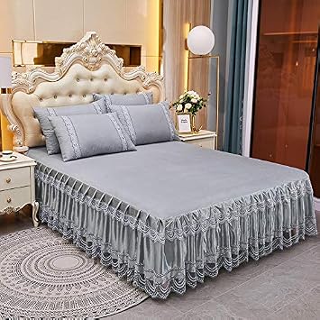 Double Layers Ruffle Bed Sheet Set Light Gray Jacquard Ruffled Bedspread Sheet and Pillowcases Set, Queen Size