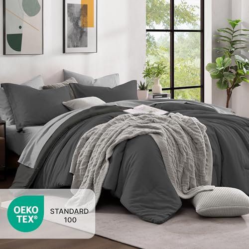 Monbix King Size Comforter Set, Dark Grey King Size Bed Set Reversible 7 Pieces, Cationic Dyeing Bed in a Bag with Comforter, Sheets, Pillowcases & Shams