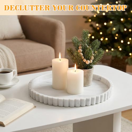 Image of HASTHIP Silicone Countertop Tray Toiletries Holder 23cm Dia Round Tray Desk Organizer Simulated White Marble Bathroom Countertop Organizer for Skincare, Cosmetics and Accessories