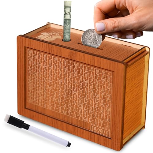 CASH STASH $10,000 Savings Challenge Box, Cash Vault, Piggy Bank for Kids Adults, Wooden