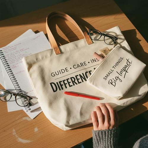 Image of ELEGANTPARK Appreciation Gifts for Women, Difference Maker Canvas Tote Set | Large zip-top tote with interior zip pocket for coworker, employee, volunteer, mentor, office assistant and farewell gifts