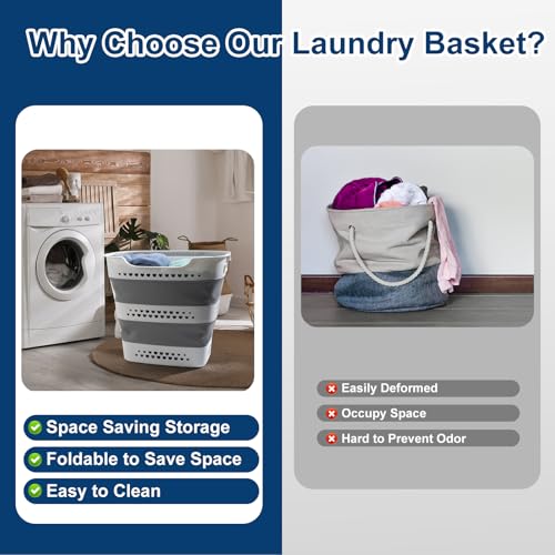 Image of Collapsible Laundry Basket Plastic 42L Foldable Clothes Hamper for Laundry | Foldable Pop-Up Laundry Basket Hamper Space Saving Dirty Clothes Hamper Storage Container Organizer For Home & Dorm