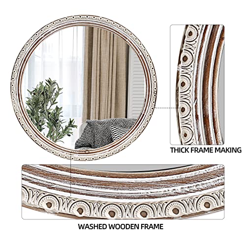 Hcodciba Round Mirror 24 Inches, Farmhouse Wood Circle Mirror,Wall Mirror Decorative For Entryway,Bedroom, Living Room,Rustic Wooden Hanging Mirror #TOP2