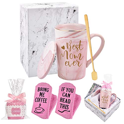 Best Mom Ever Coffee Mug Mom Mother Gifts Novelty Gifts for Mom from Daughter Son Women Mom Gifts for Mom Mother Marble Mug with Exquisite Box Packing Spoon Coaster Sock Card 14 Oz Pink
