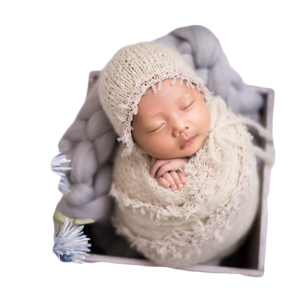 ZeroestBaby Photography Props Luxurious Lace Hat with Blanket Newborn Photo Shoot Outfits Infant Princess Photos Hats Wrap Set (Cream)