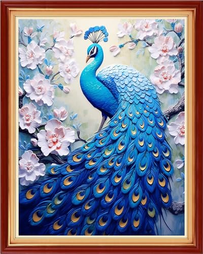 Image of Magxvouy Cross Stitch Kits Stamped Full Range of Embroidery Kits,Cross Stitch Patterns Needlework Kits for Beginners 11CT Printed Kits&Blue Peacock Flower 16x20 inch
