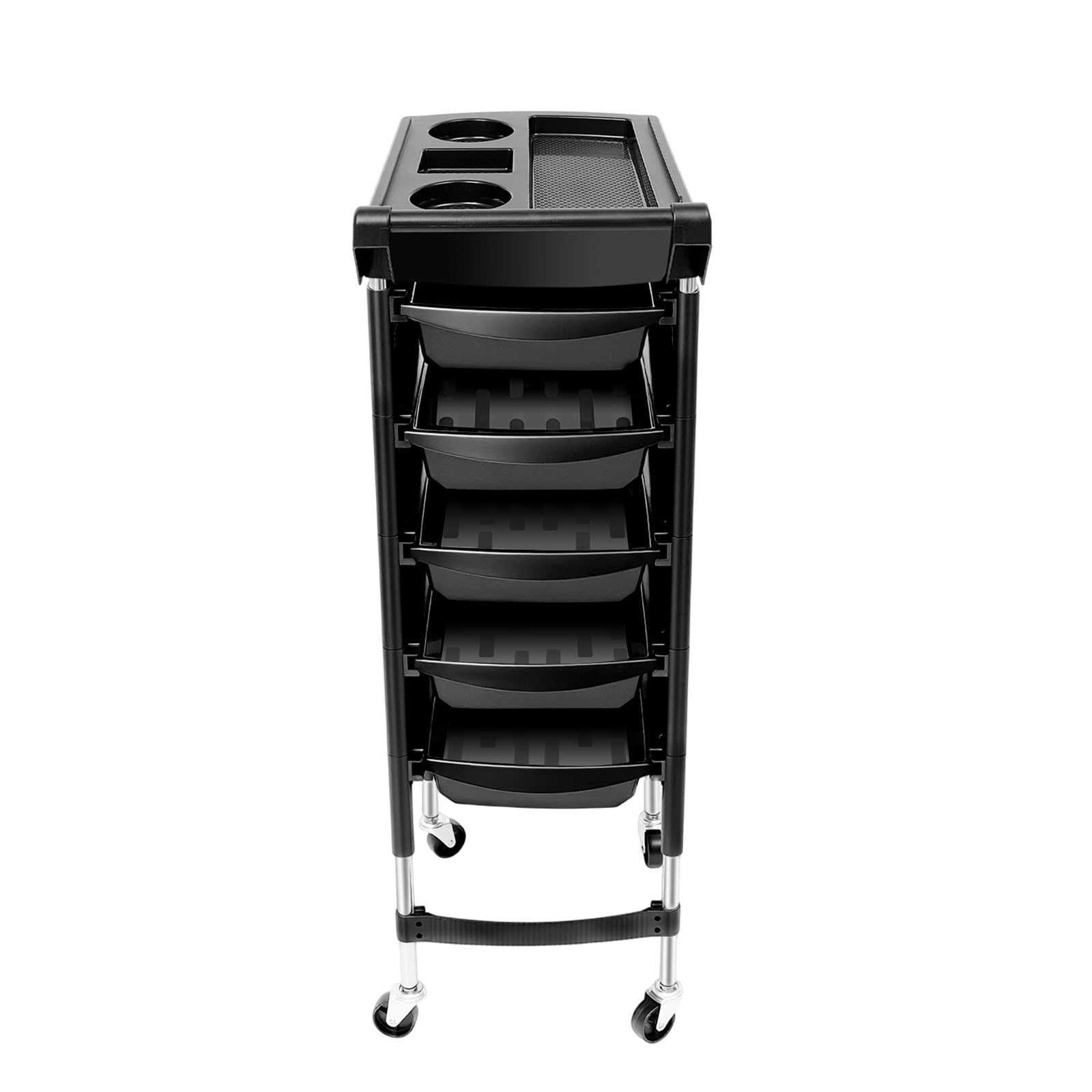 Carro de Peluquería Negro, Carro con Ruedas, Lavacabezas Peluqueria con 5 Cajones y Ruedas 360°, Bandeja Superior 30kg, Carros de Mantenimiento con Ruedas, para Salón de Belleza y Hogar