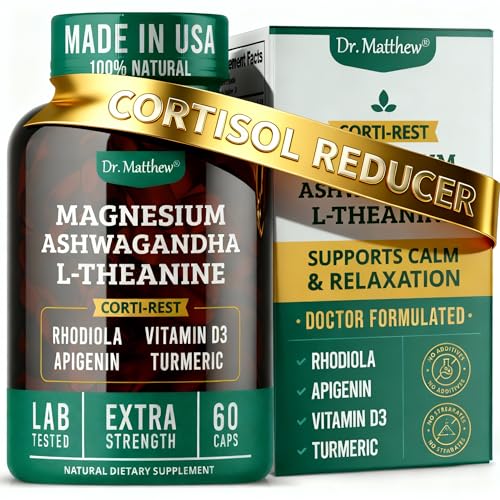 Cortisol Reducer & Adrenal Support Supplement–Natural Stress Relief with Ashwagandha KSM-66, Magnesium Glycinate & Citrate, L-Theanine, Rhodiola, Apigenin, Turmeric & Vitamin D3–Calm Mood & Relaxation