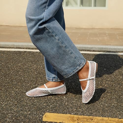 Image of Rihero Mesh Ballet Flats for Women Comfortable Square Toe Ballerina Flats Buckle Strap Casual Fishnet Flat Shoes