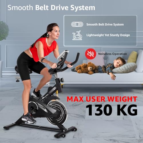 PowerMax Fitness BS-125 Spin Exercise Bike for Home use, 16mm 7Kg Flywheel, Max User Weight 130kg, LCD Display, 2pc Crank, Heart Rate Sensor, Knob Braking, Adjustable Foot Strap and seat, iPad Holder