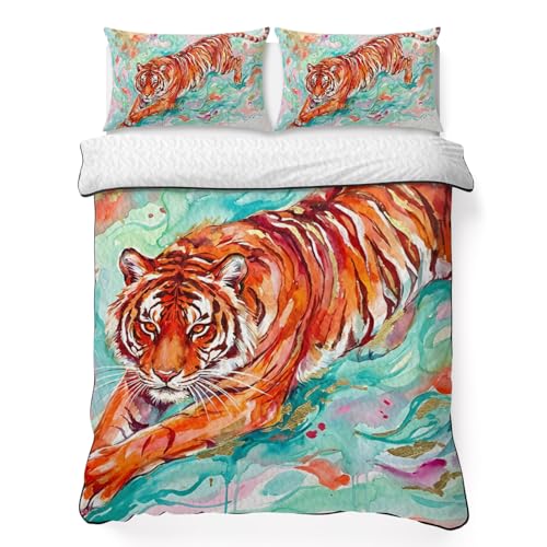BaqwedCoSz Watercolor Tiger Quilts Bedding Set Twin Size Animal Splash Animal Fluid Art Lightweight Quilted Bedspread 3 Piece Bed Quilt with 2 Pillow Shams All Season for Bedroom 68" x 86"