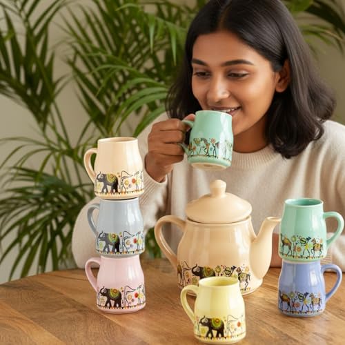Image of Premium Ceramic Tea Set with Teapot and 6 Cups, Multi Elephant Design, Traditional Indian Theme (Multicolor)