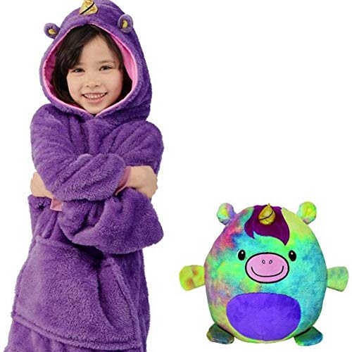 Neue Hoodie Decke Kinder, 2 in 1 Sweatshirt Decke und Kissen Tier süße warme Bequeme Plüsch Dicke TV-Sofa mit Kapuze Decken mit Ärmeln Robe Nachtwäsche für Kinder Mädchen Jungen