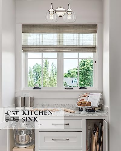 Image of 2-Light Bathroom Light Fixtures, Brushed Nickel Vanity Light with Globe Clear Glass Shade, Modern Vanity Lighting Fixtures Over Mirror, AD-22280-2W-SN