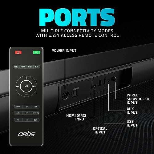 Image of Artis X700 2.1 CH 120 Watts Bluetooth Sound bar with Wired Subwoofer & Multiple Input Modes: Bluetooth /HDMI (ARC) / AUX in /Optical /USB Pen Drive Input