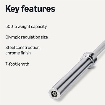 Amazon Basics 7ft Olympic Barbell Bar, 2 Diameter, Chrome Finish, 500-Pound Capacity
