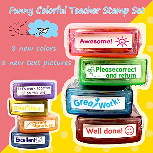 Bertiveny Teacher Stamps For Grading Classroom，Parent Signature Self-Inking Teacher Stamp Set School Supplies Stamps For Homework Reward With 8 Pcs Teacher Supplies For Classroom Elementary(Rainbow) #TOP1