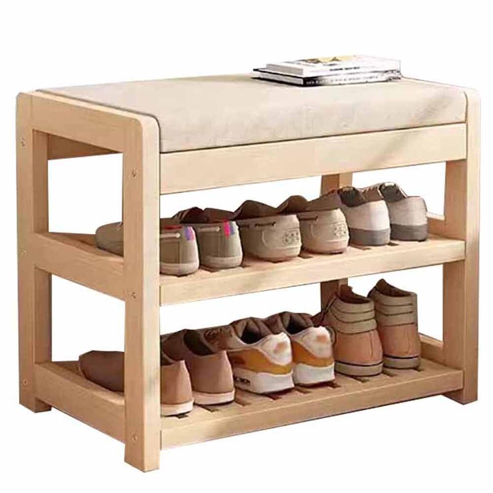 MSHGSKU Bamboo Shoe Rack with Cushion Seat, 2-Tier Storage Organizer, 80kg Capacity, Stylish Entryway Bench for Hallway, Bedroom, Living Room - 61x71x47CM