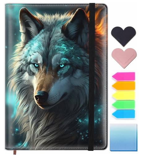 Lined Journal Notebook, 200 Pages A5 Leather Hardcover Notebooks with Bookmarks/Indexes, Classic with Pen Loop Notebook Journals for Women Men Office School，Wolf in Nebula