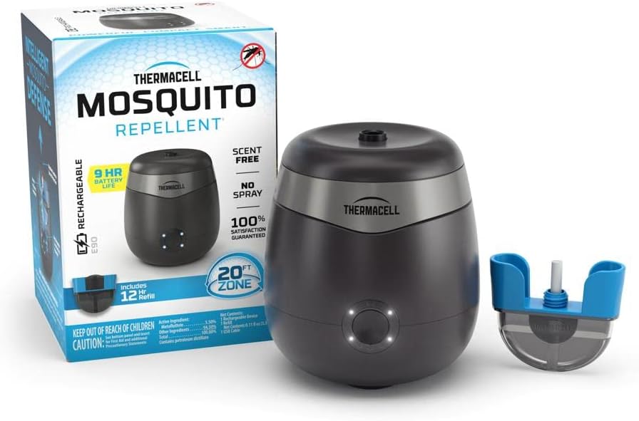Thermacell Mosquito Repellent E-Series Rechargeable Repeller with 20’ Mosquito Protection Zone; Includes 12-Hr Repellent Refill; No Spray, Flame or Scent; DEET-Free Bug Spray Alternative