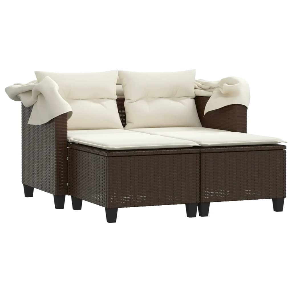 vidaXL Divano Giardino 2 Posti Baldacchino Sgabelli Marrone Polyrattan