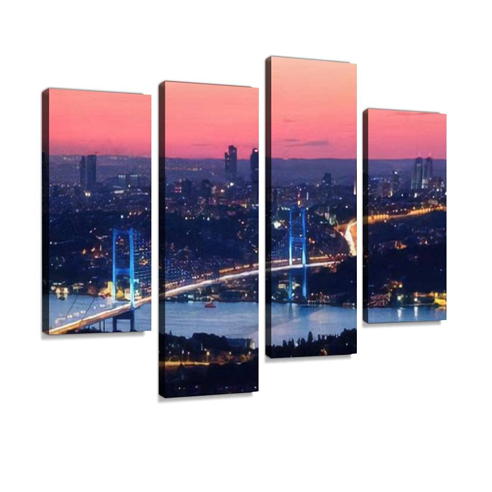 Canvas Print Artwork Istanbul Bosporus Bridge on sunset Wall Art Pictures Framed Digital Print Abstract Painting Room Home Office Decor Ready to Hang - 4 Panel