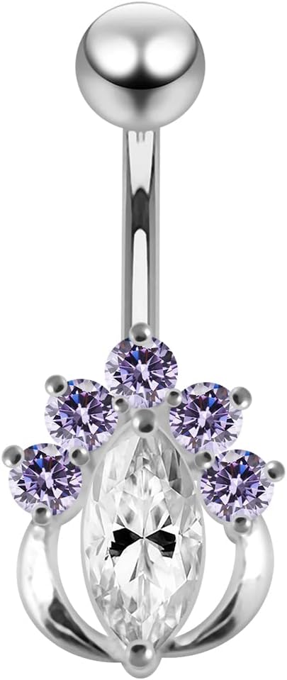 Lavender Cz Stone Fancy Marquis Center Flower Design 925 Sterling Silver with Stainless Steel Belly Ring - Belly Button jewelry - Navel jewelry
