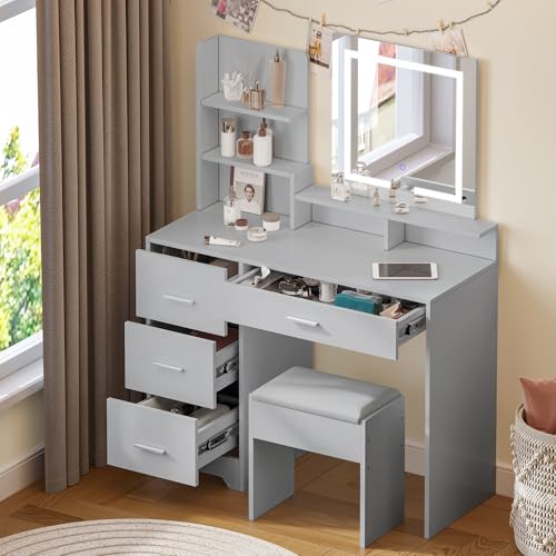 Hello-5ive Dressing Table with Stool - 5 Shelves and 4 Drawers, Touch Screen Makeup Mirror with 3-Color Dimmable Lights, Bedroom Vanity Desk for Makeup and Storage (Grey, 100×40 cm)