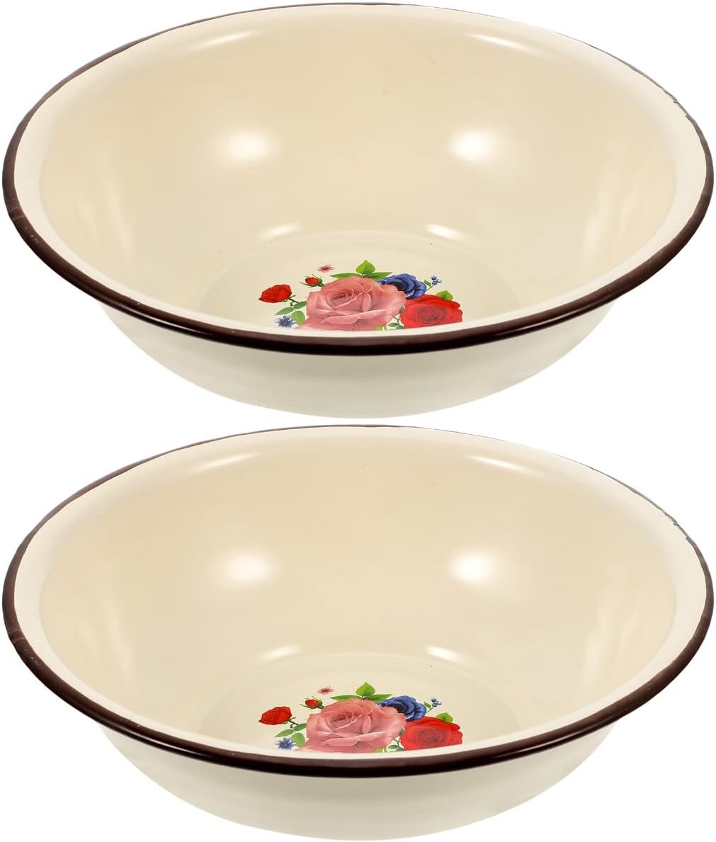 VSULZVNU 2pcs Enamel Mixing Bowl Vintage Salad Bowl Enamel Large Washing Basin Vintage Soup Basin Large Soup Bowl Enamelware Serving Bowl Pot