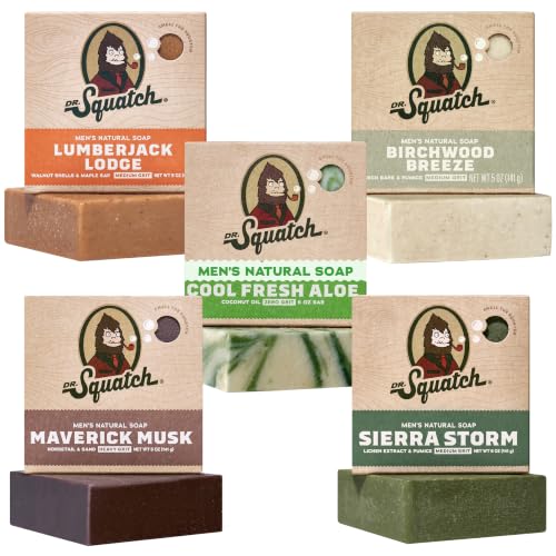 Image of Dr. Squatch Natural Men's Bar Soap - Cold Process Body Soap Bar with Natural Oils - Gifts for Men - Lumberjack Lodge, Cool Fresh Aloe, Birchwood Breeze, Maverick Musk & Sierra Storm (5 oz, 5-Pack)