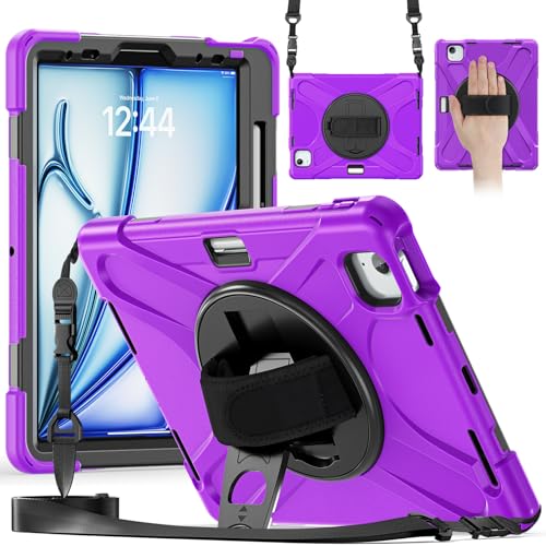 Coque iPad Air 11 M4 antichoc violette avec support rotatif et bandoulière pour enfant