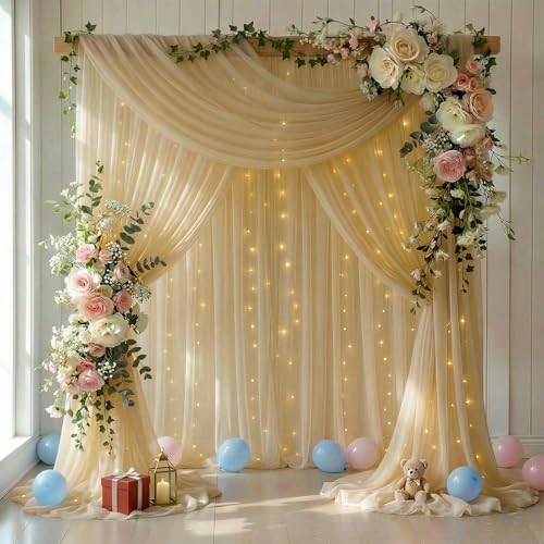GALLETY Cortina de Fondo Champagne 10ft x 8ft con Luces miniatura 1