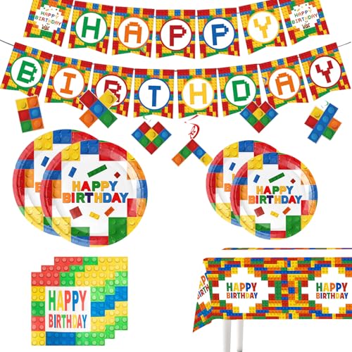 WFAUIBR Building Block Party Supplies Paper Plates Napkins Cups Tablecloth Banner for Colorful Building Block Birthday Party Decorations, Large