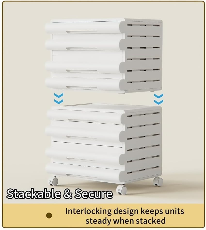 Mobile File Cabinet with Wheels, 8-Tier Versatile Under Desk Storage, White Filing Storage Solution for Home Office Organization and Easy Access