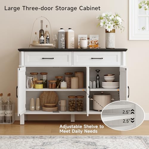 Image of 48 Inches Buffet Cabinet with Storage, Farmhouse Sideboard Buffet w /2 Drawers and 3 Doors, Wood Coffee Bar Cabinet with Adjustable Shelves, Sideboard Storage for Kitchen, Living Room, Off White&Black